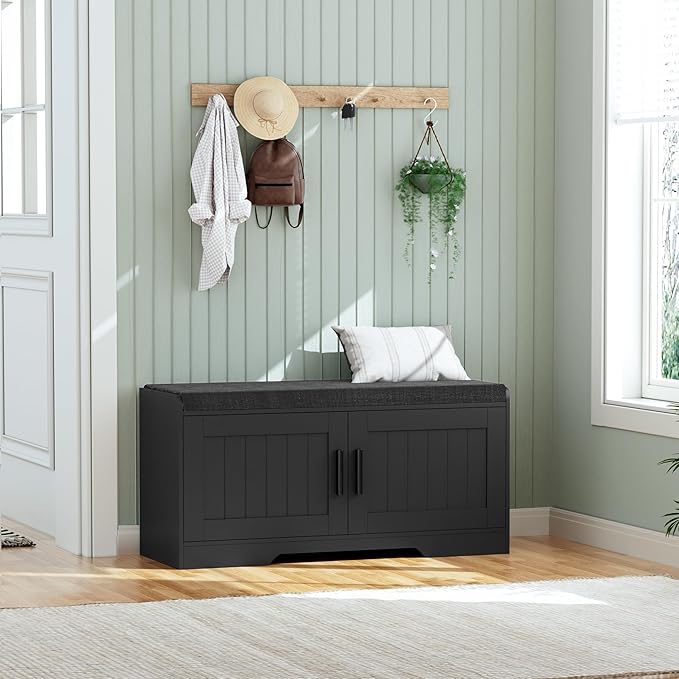 2-Tier Storage Bench, Shoe Bench with Thickened Padded Seat Cushion, Entryway Bench with 2 Doors, Adjustable Shelf, 13.8" D x 37.4" W x 18.5" H, for Entryway, Living Room, Bedroom, Black