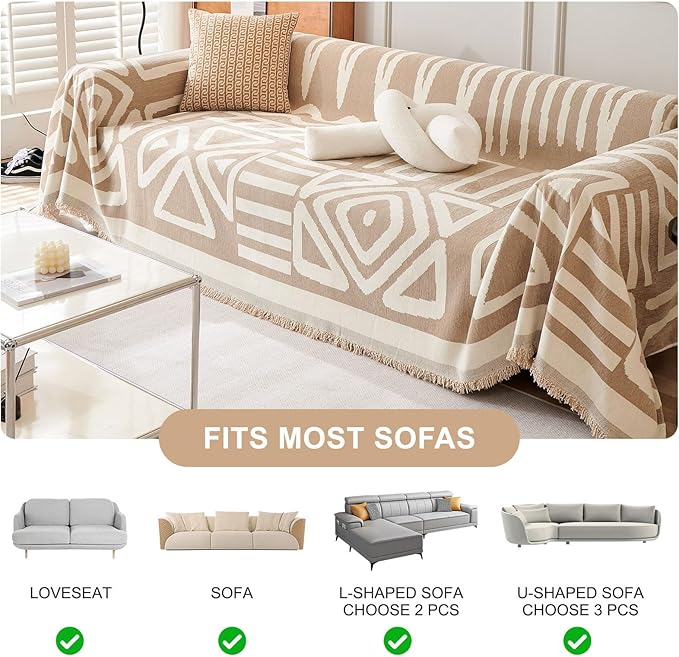 STACYPIK Khaki Beige Sofa Cover for Dogs Cats Boho Couch Cover for 3 Cushion Couch Soft Plaid Triangle Couch Cover Reversible Furniture Protector Loveseat Cover Non Slip Sectional Couch Cover-91X118IN