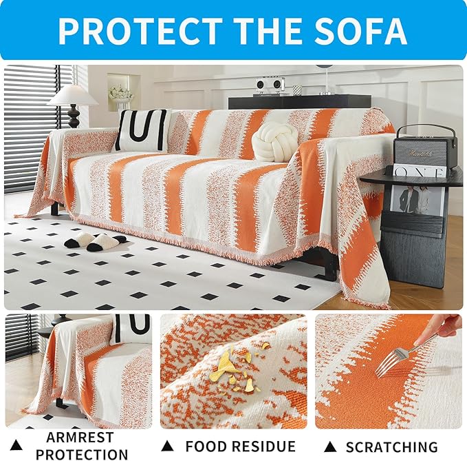 LUFEIJIASHI Boho Couch Covers for Sofa Non Slip Sofa Covers Washable Couch Covers for 3 Cushion Couch Sofa Pet Friendly Sectional Couch Cover Blanket Furniture Protector for Dogs (Orange, 91"x118")