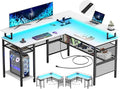 Unikito L-Shaped Desk with LED Strip and Power Outlets, Reversible Corner Computer Desk with Monitor Stand and Storage Shelf, Modern L-Shaped Gaming Table, Home Office Desk with USB Ports, White