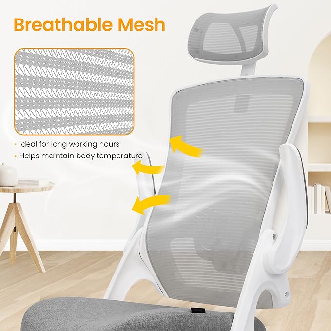 NEO CHAIR Ergonomic Office Desk Chair High Back Computer Gaming Mesh Chair with Comfy Task Adjustable Arms Lumbar Support Headrest Swivel for Home Office (Grey)