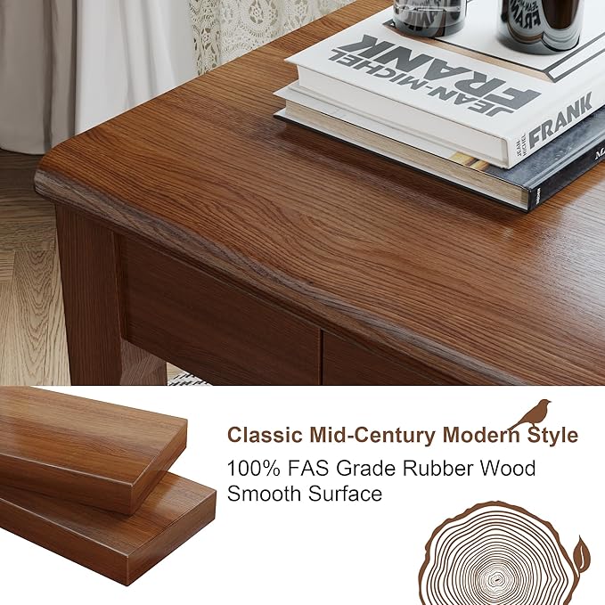 Solid Wood Desk with Drawers - 24 x 16 Inch Vintage Narrow Desks, Mid Century Modern Desks, Rubber Wood Study Table, Small Writing Desk for Bedroom|Small Spaces - Walnut Color