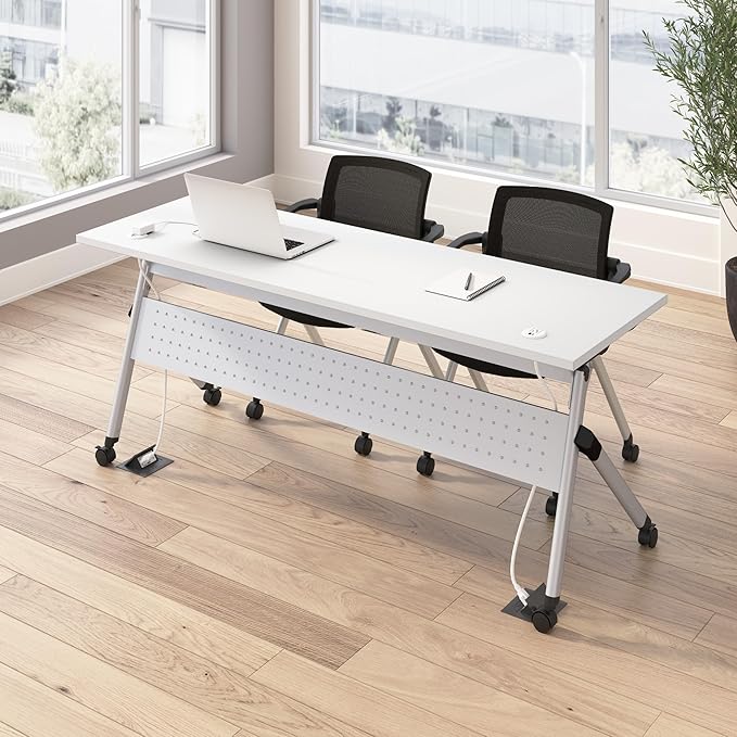Bush Business Furniture Folding Training Table Set for 2, 72 inch Desk with Powered Grommets and 2 Chairs with Arms, Commercial-Grade Bundle for Office or Classroom, Envision Collection, White