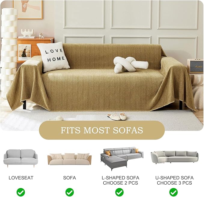 STACYPIK Wear-Resistant Chenille Sofa Cover, Non Slip Couch Cover for Dogs, Washable Pets Protector for 2 Cushion Sofa, Brown Herringbone Sofa Covers Sectional Couch Covers for Living Room-71X118IN