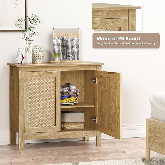 Giluta Sideboard Buffet Cabinet, Farmhouse Kitchen Cabinets with 2 Rattan Doors, 30''H Boho Cabinet for Entryway