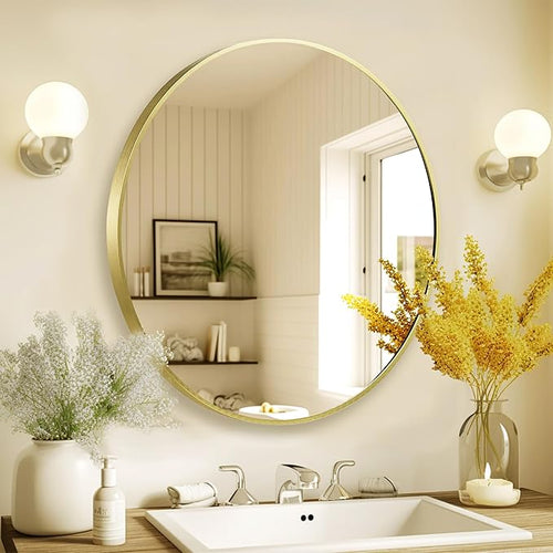 28 inch Gold Frame Mirror for Wall, Brushed Matte Gold Metal Round Mirror for Bathroom Vanity, Bedroom Decor, Living Room, Entryway