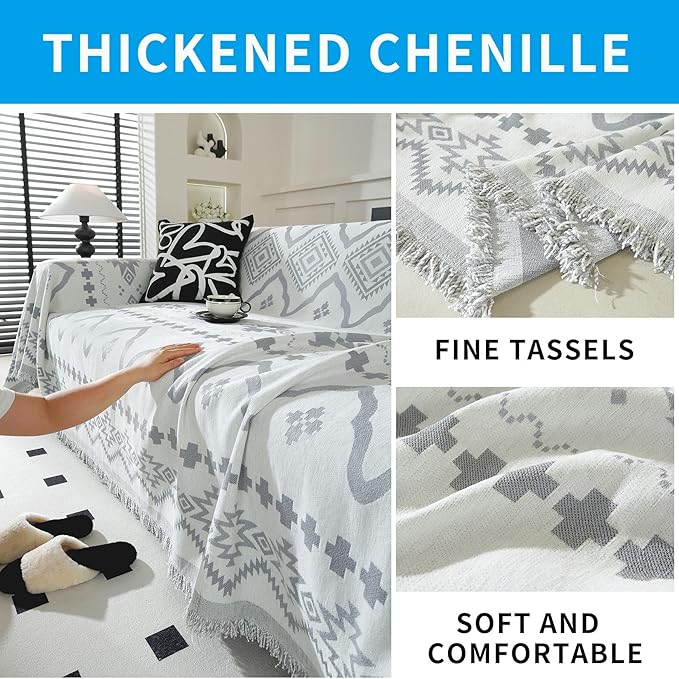 LUFEIJIASHI Boho Couch Covers for Sofa Non Slip Sofa Covers Washable Couch Covers for 3 Cushion Couch Sofa Pet Friendly Sectional Couch Cover Blanket Furniture Protector for Dogs (Grey, 71"x134")