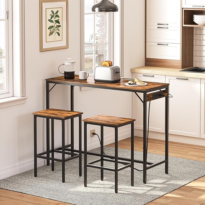 HOOBRO Bar Table and Chairs Set, 47.2" Dining Table Set with Power Outlet, 3-Piece Pub Table Set, Kitchen Bar Height Table with Stools of 2, Space Saving for Living Room, Rustic Brown BF46UBT01