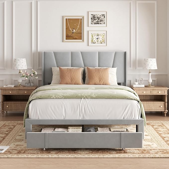 Queen Bed Frame with Storage Drawers, Upholstered Platform Bed with Headboard and Wingboard, No Box Spring Needed, Noise Free, Easy Assembly, Wooden Support Slats, Light Grey