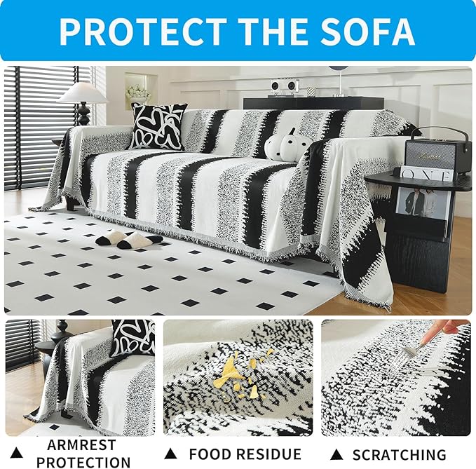 LUFEIJIASHI Boho Couch Covers for Sofa Non Slip Sofa Covers Washable Couch Covers for 3 Cushion Couch Sofa Pet Friendly Sectional Couch Cover Blanket Furniture Protector for Dogs (Black, 71"x150")
