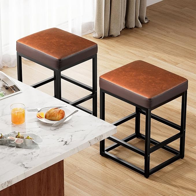 Counter Height Bar Stools Set of 3, 24" Barstools for Kitchen Countertop, Faux Leather Counter Stools with Thick Square Seats & Sturdy Metal Base, Simple Assembly, Gray
