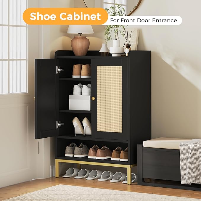 Rattan Shoe Cabinet Storage for Entryway, Shoe Cabinet with Adjustable Shelves for Entryway, 5-Tier, 20 Pair Shoe Rack Storage for Hallway, Closet, Living Room, Black