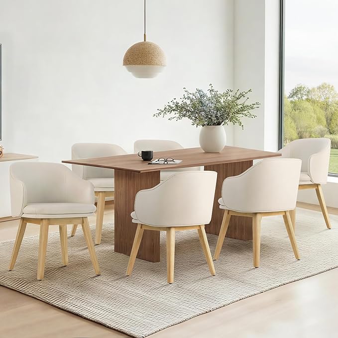 Wooden Dining Chairs Set of 4, Faux Leather Upholstered Modern Dining Room Chairs with Barrel Backrest & Double-Layer Thick Cushion for Living Room, Restaurant, Kitchen and Café, Beige, 2 Boxs