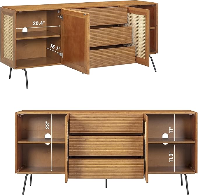 NTC MOSSIC Modern Sideboard with 4 Doors, Natural Rattan Storage Cabinet, Buffet with Metal Legs, Boho Accent Cabinet for Living Room, and Entryway, Effortless Assembly, Teak Look