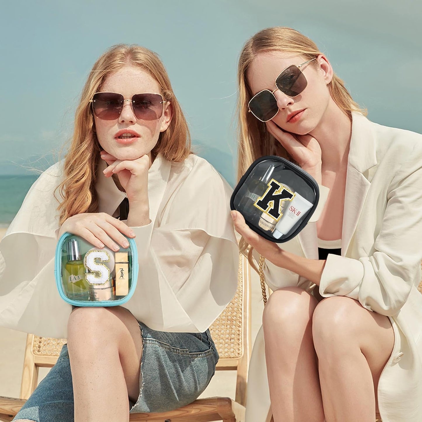 YOOLIFE Initial Make Up Bag Travel Toiletry Bag, Clear Makeup Bag Preppy Cosmetic Bags Organizer Travel Essentials Gifts for Women Teen Girlfriend Teacher Mom Birthday Gifts Small Makeup Bag Blue A