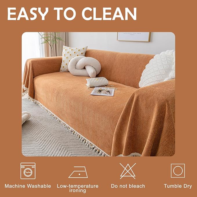 HANDONTIME Dark Orange Sofa Covers Couch Cover for Dogs Colorful Tassel Sofa Seat Cover Lovetseat Cover Pet Couch Cover Bohemian Sofa Cover for Couch Vintage Boho Couch Covers Futon Cover, 91" X118"