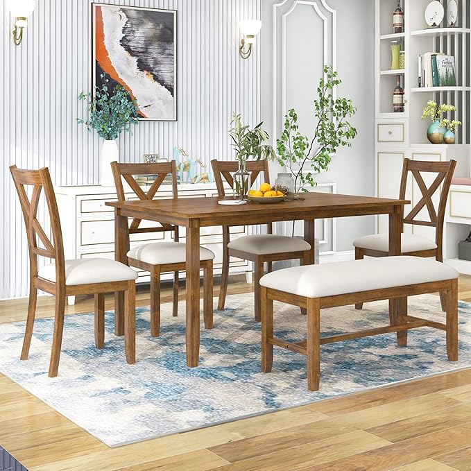 Ball & Cast 6 Piece Dining Table Set with 4 "X-Shaped Curved Backres Fabric Chairs & 1 Bench,Living Room Furniture W/ 60" Rectangle Kitchen Desk,for Restaurant,Home Bistro,Natural Cherry