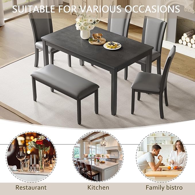 soges 6-Piece Large Dining Table Set with Leather Bench and Chairs, Wooden Dining Table Chairs Set for 6, Modern 6 Person Dining Room Set, Grey
