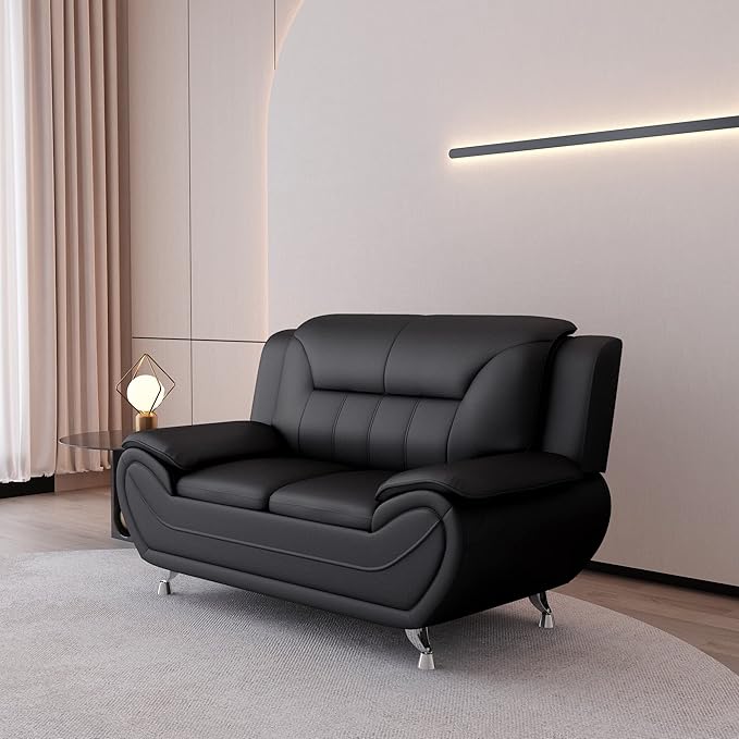 Container Furniture Direct Michael Modern Faux Leather Upholstered Stainless Steel Legs Living Room Sofa, Loveseat, Midnight