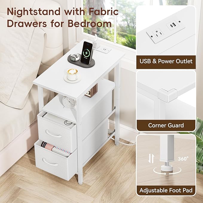 Vagusicc End Table with Charging Station Set of 2, Narrow Side Table, 23.8'' Tall Nightstand with 2 Drawers, Small Sofa Side Table Narrow Nightstand for Small Spaces, Living Room, Bedroom, White
