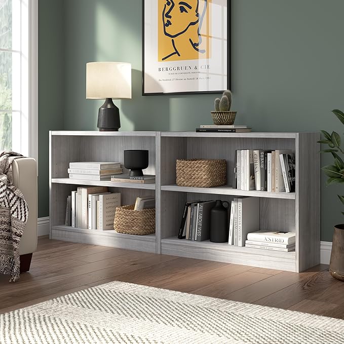 Bush Furniture Universal Small 2 Shelf Bookcase in Platinum Gray, Low Storage and Display Bookshelf for Home Office or Living Room Organization