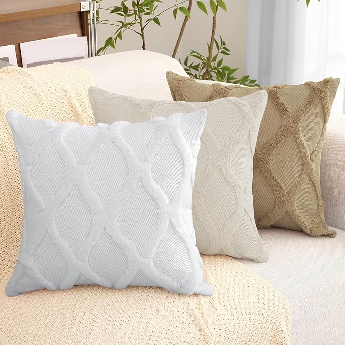 decorUhome Throw Pillow Covers 12x20 Inch Set of 2, Soft Plush Faux Fur Wool Lumbar Khaki Couch Pillow Covers, Decorative Neutral Pillow Cases for Bed Sofa Living Room Home Decor