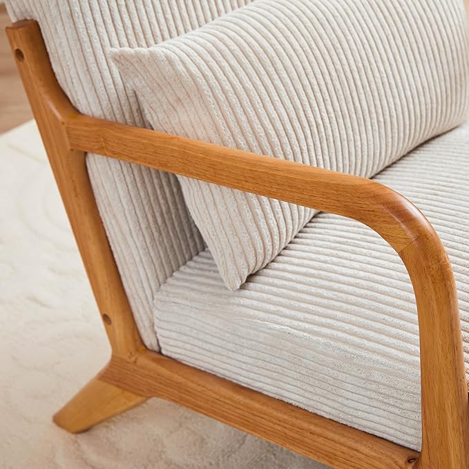 Ball & Cast Living Room Chair with Pillow,Mid-Century Modern Armchair w/Solid Wood Frame & Extra-Thick Backrest,Upholstered Reading Accent Chair for Bedroom,Beige