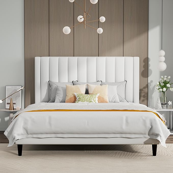 SHA CERLIN King Bed Frame/Velvet Upholstered Platform Bed Frame with Headboard/Strong Wood Slats Support/Mattress Foundation/No Box Spring Needed/Easy Assembly/White