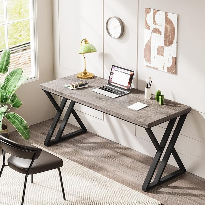 LITTLE TREE 55 Inch Large Simple Industrial Computer Desk Study Writing Table Home Office Workstation,Grey