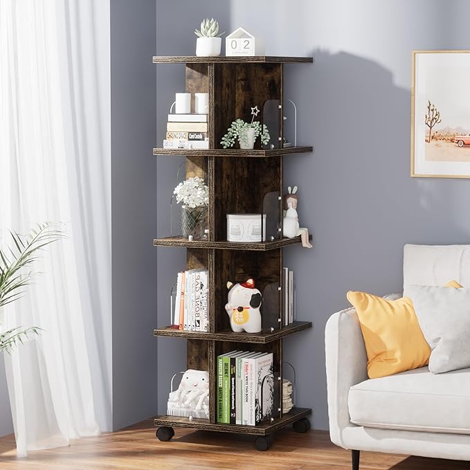 VECELO Rotating Bookshelf with Brake Wheels, 4 Tier Revolving Bookcase, 360° Corner Display Shelf for Kids, Narrow Rolling Bookshelves for Small Space, Corner, Bedroom, Office, Brown