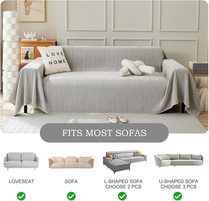 STACYPIK Silver Gray Sofa Cover for Dogs, Herringbone Couch Cover for Sectional, Pets Protector for 3 Cushion Couch, Washable Anti-Slip Loveseat Cushion Cover with Tassel, Multi-Use Blankets-71X134IN