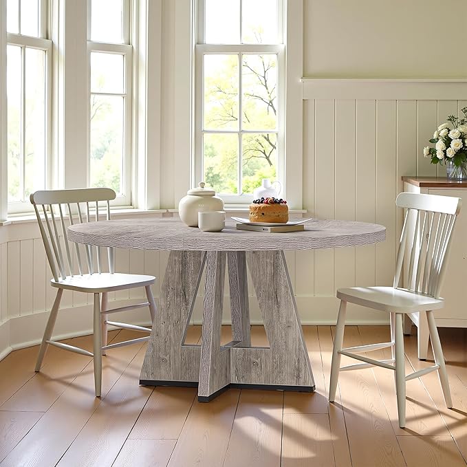 Round Dining Table for 4, 47 Inch Dinner Table Farmhouse Wooden Circle Kitchen Tables with Cross Base for Dining Room, Kitchen, Living Room, Gray
