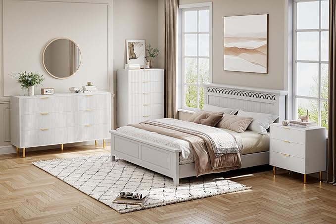 GarveeHome White Dresser, Modern 6 Drawer Dresser for Bedroom with Gold Handle and Large Drawer, Wood Double Chest of Drawers and Storage Organizer for Living Room, Hallway, Entryway