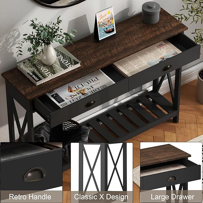 ChooChoo 47" Farmhouse Console Table with Drawer for Entryway, Narrow Long Entry Table with Shelf for Living Room, Rustic Vintage Hallway Sofa Table with Stable X Supports, Black