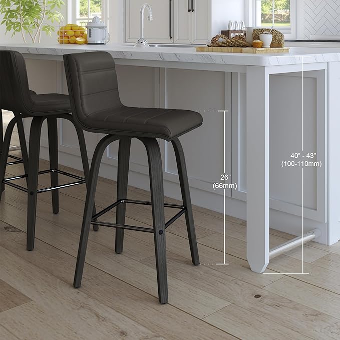Armen Living Vienna 26" Swivel Counter Stool in Black Wood Finish with Gray Faux Leather - Set of 2