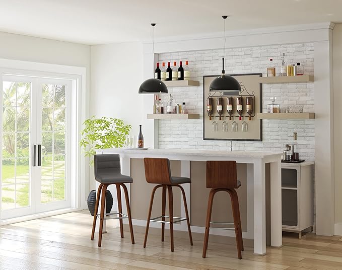 Armen Living Vienna Mid-Century Modern 30" Bar height Barstool Faux Leather Wood Finish, Grey/Walnut