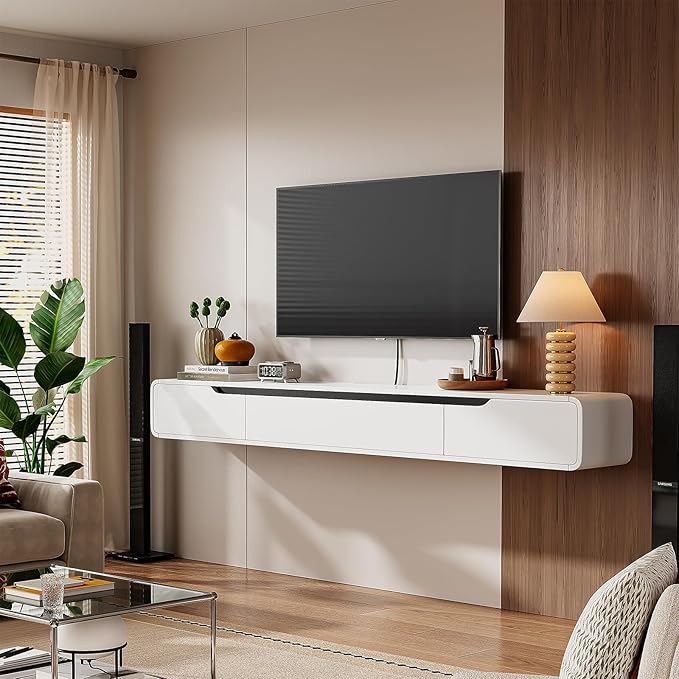 Fully-Assembled Floating TV Stand with Drawers, 94IN High Gloss Wall Mounted Entertainment Center, Modern Media Console with Storage, Under TV Shelf for Bedroom Living Room White