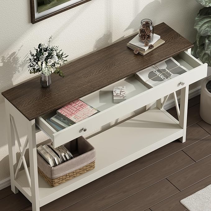 Treocho 47" Farmhouse Console Table with Drawer and Storage Shelves, Foyer Sofa Table Narrow for Entryway, Living Room, Hallway, Soft White