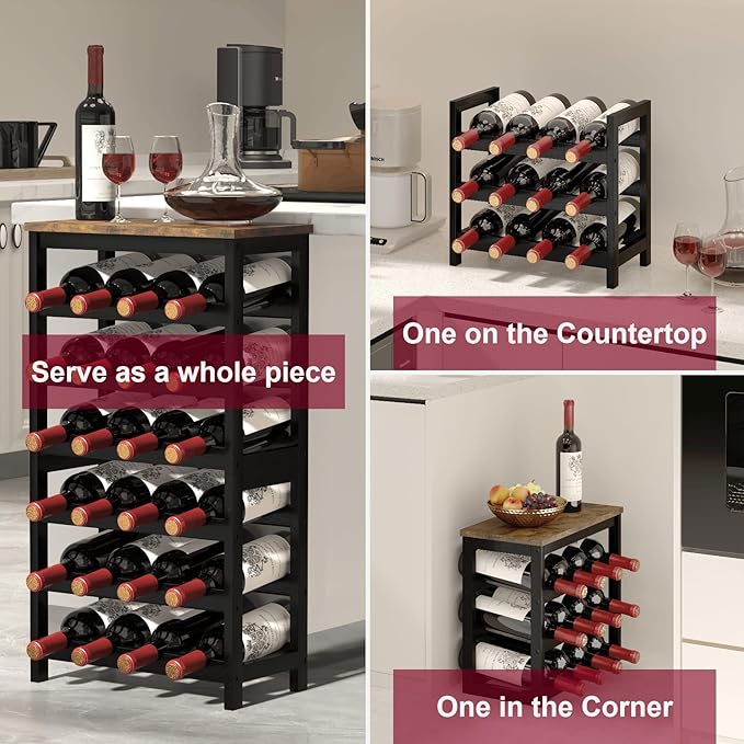 6 Tier Bamboo Wine Rack Freestanding Floor, 24 Bottles Wine Storage Shelves with Table Top, Stackable Wine Display Rack for Kitchen, Bar, Dining Room, Rustic Brown and Black