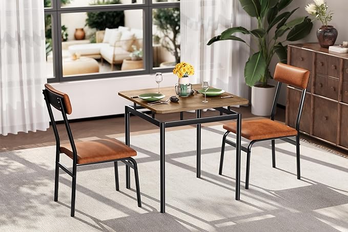 IDEALHOUSE 3 Piece Dining Room Table Set, Kitchen Table Set for 2 with Brown Wooden Grain Kitchen Table and 2 PU Upholstered Metal Chairs, Dining Room Set for Small Space,Home Dinner(2 Brown Chairs)