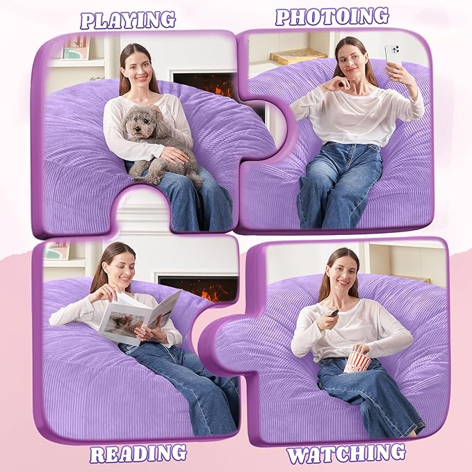 HABUTWAY 5FT Bean Bag Chair,Giant Bean Bag Chairs for Adults,Big Bean Bags with Memory Foam Filled, Large Beanbag Chairs with Soft Corduroy Cover-Purple
