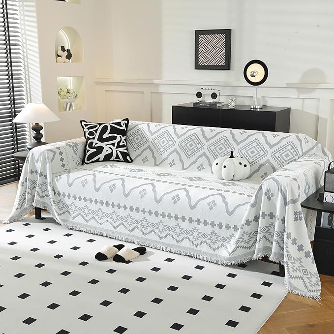 LUFEIJIASHI Boho Couch Covers for Sofa Non Slip Sofa Covers Washable Couch Covers for 3 Cushion Couch Sofa Pet Friendly Sectional Couch Cover Blanket Furniture Protector for Dogs (Grey, 71"x134")