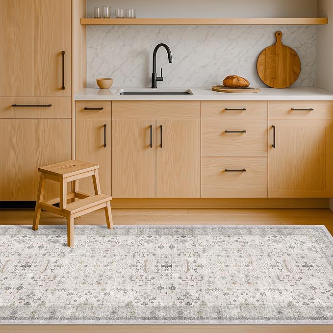 Light Gray Washable 2'6"x8' Wide Hallway Runners, Kitchen Runner Rug, Non-Slip & Stain Resistant Long Floor Rug, Neutral Boho Floral Décor