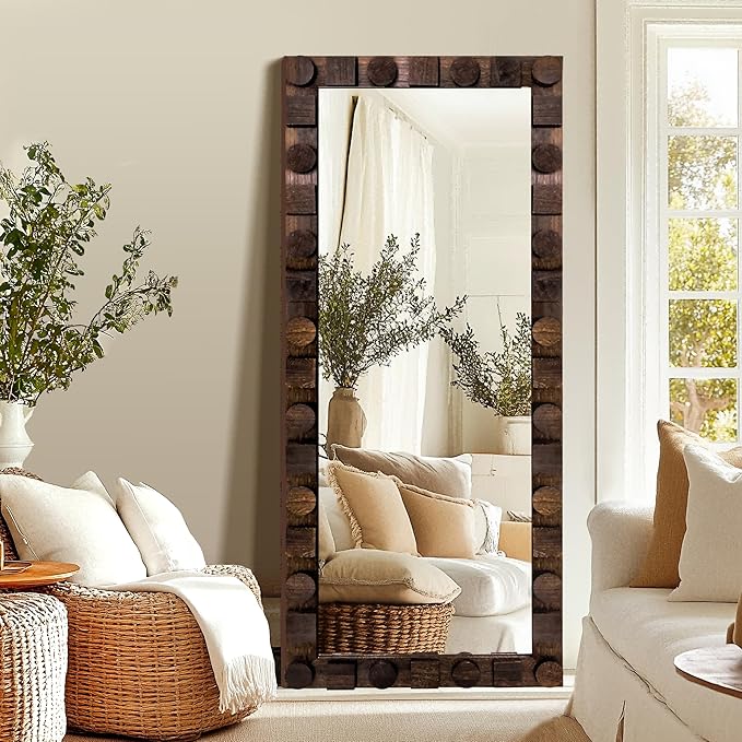 56x24 Inch Handcrafted Solid Wood Square Wall Mirror with Geometric Wood Inlay Design, Rustic Natural Texture for Bathroom, Bedroom, Living Room Decor