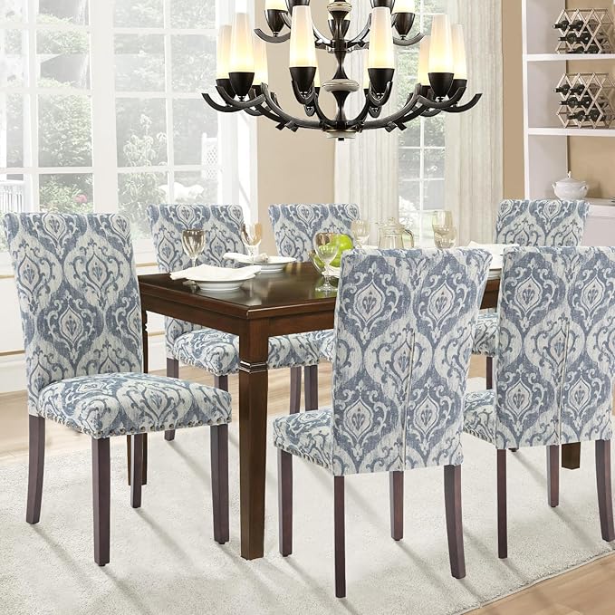 Parsons Dining Chairs Set of 4, Upholstered Nailhead Dining Room Kitchen Side Chair with Thick Cushions and Wood Legs, White/Blue