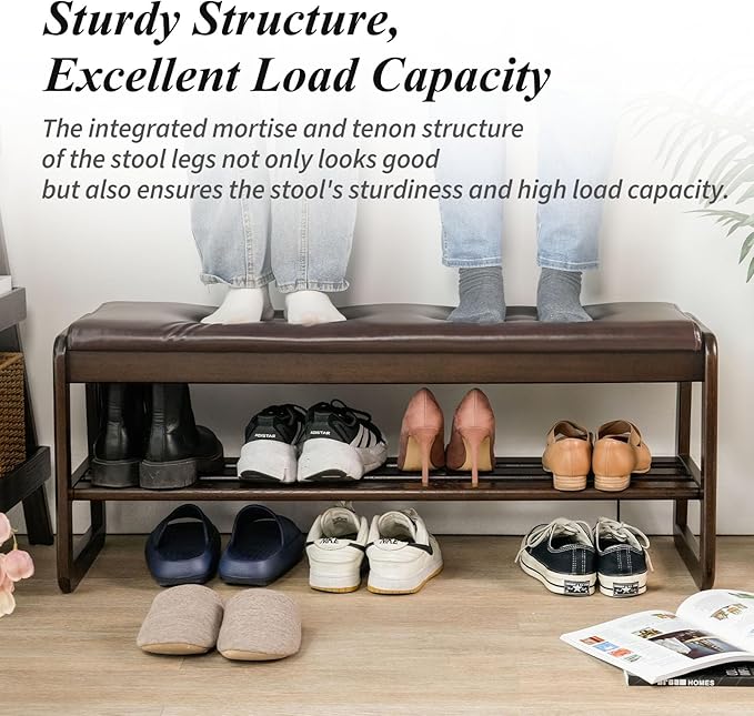 Shoe Bench, Entryway Bench with Leather Cushion, Solid Wood Shoe Rack, Mid Century Modern Bench, Shoe Storage, Shoe Organizer for Entryway (Grey, 39.4" W)