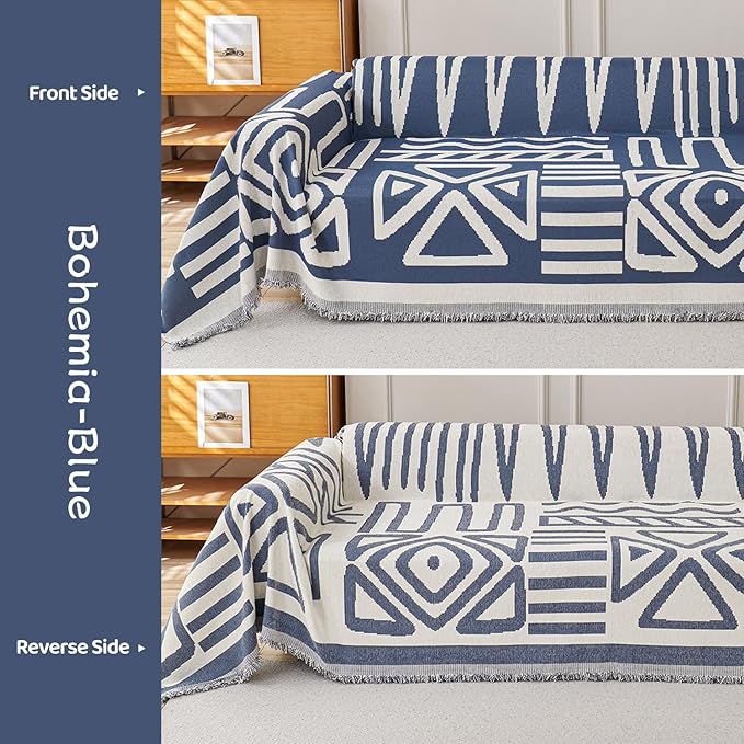 STACYPIK Boho Chenille Blue Sofa Cover L Shaped Couch Cover Reversible Couch Cover for 3 Cushion Couch Non-Silp Furniture Cover for Dogs Cats Sectional Sofa Cover for Loveseat Futon Cover-91X134IN