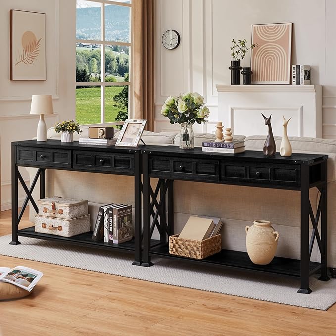 HOMBAZAAR Entryway Table,Rustic Console Table with 2 Drawers, Industrial Console Tables with Storage for Entryway, Hallway, Living Room,Black,47 Inch