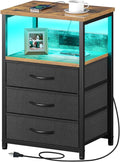 Seventable Nightstand with Charging Station and LED Light, Side Table with 3 Fabric Drawers, Bedside End Table with USB Ports and Outlets, Night Stand for Bedroom, Rustic Brown