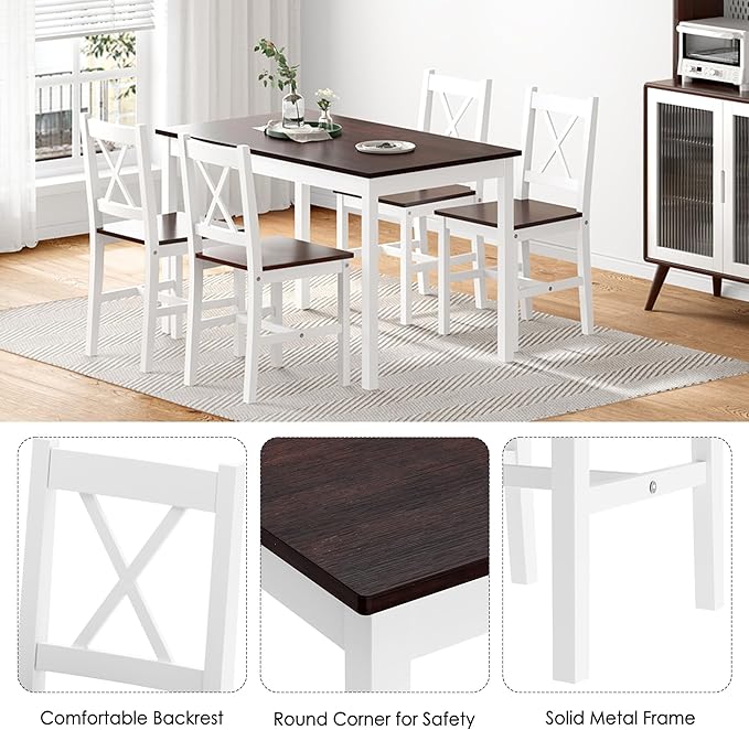 soges Kitchen Dining Table Chairs Set for 4, 42.5 inch Pine Wood Dining Room Table with 4 Chairs, 5-Piece Kitchen Table Chairs Set for Small Space, Apartment, Dinette, Breakfast, Walnut & White